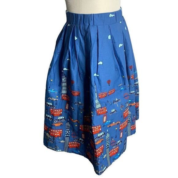 Retro London Pleated Swing Skirt S Blue Elastic Waist Pockets Knee Length Pinup - Picture 6 of 7
